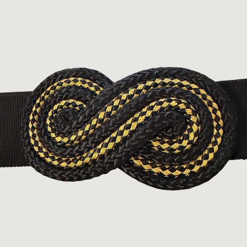 Vintage Womens Black Gold Braided Rope Knot Elastic Cinch Waist Belt  Wide